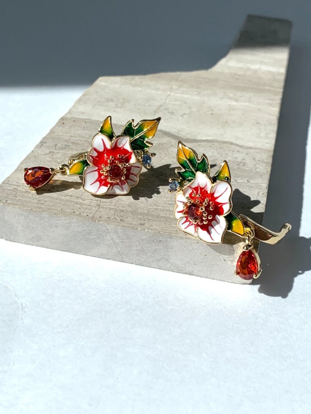 NEW ~ Anthropologie Enamel Flower Crystal Drop Lever Back Earrings - Picture 13 of 16